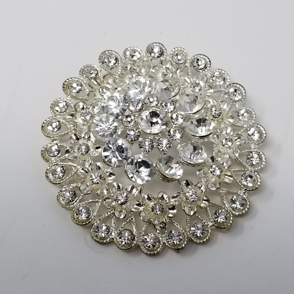 Large Clear Rhinestone Brooch Tiered Silver Tone Round 3D Flower Pin Teardrop - Picture 6 of 10